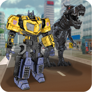 Robot and Dinosaur in City